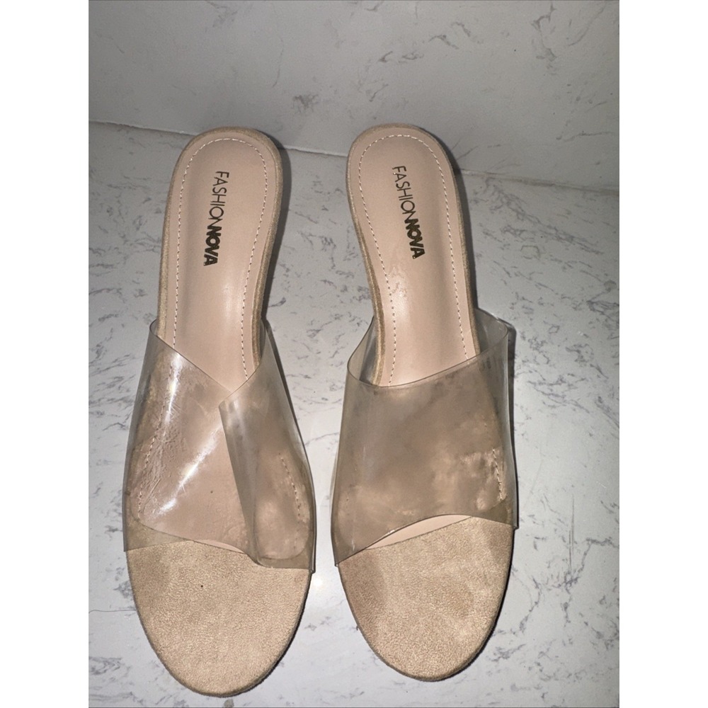 Fashion Nova Nude Clear Strap Wedge Heels Size 10 Formal Mules